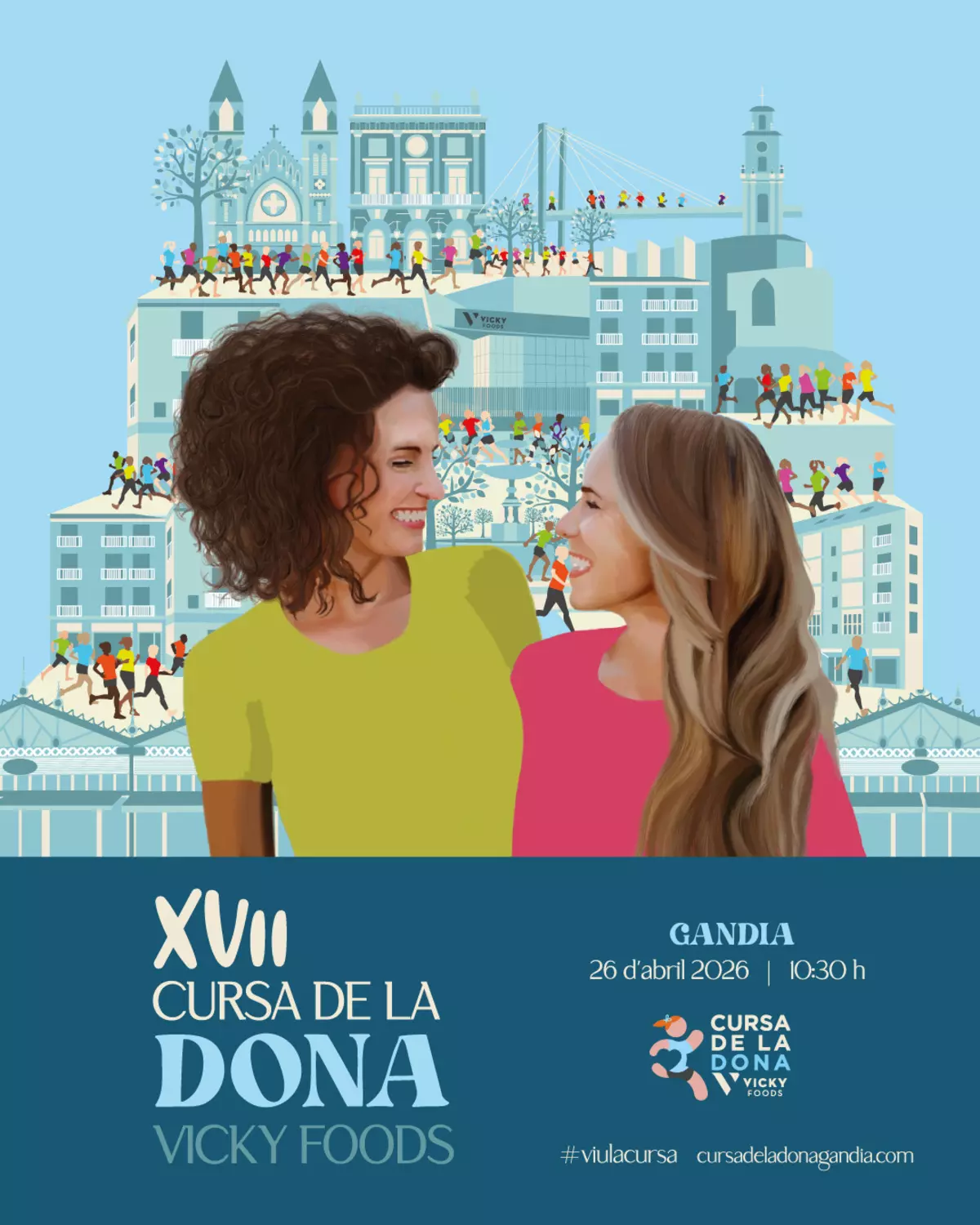 Cartel oficial XVII Cursa de la Dona Gandia 2026 con arquitecturas emblemáticas