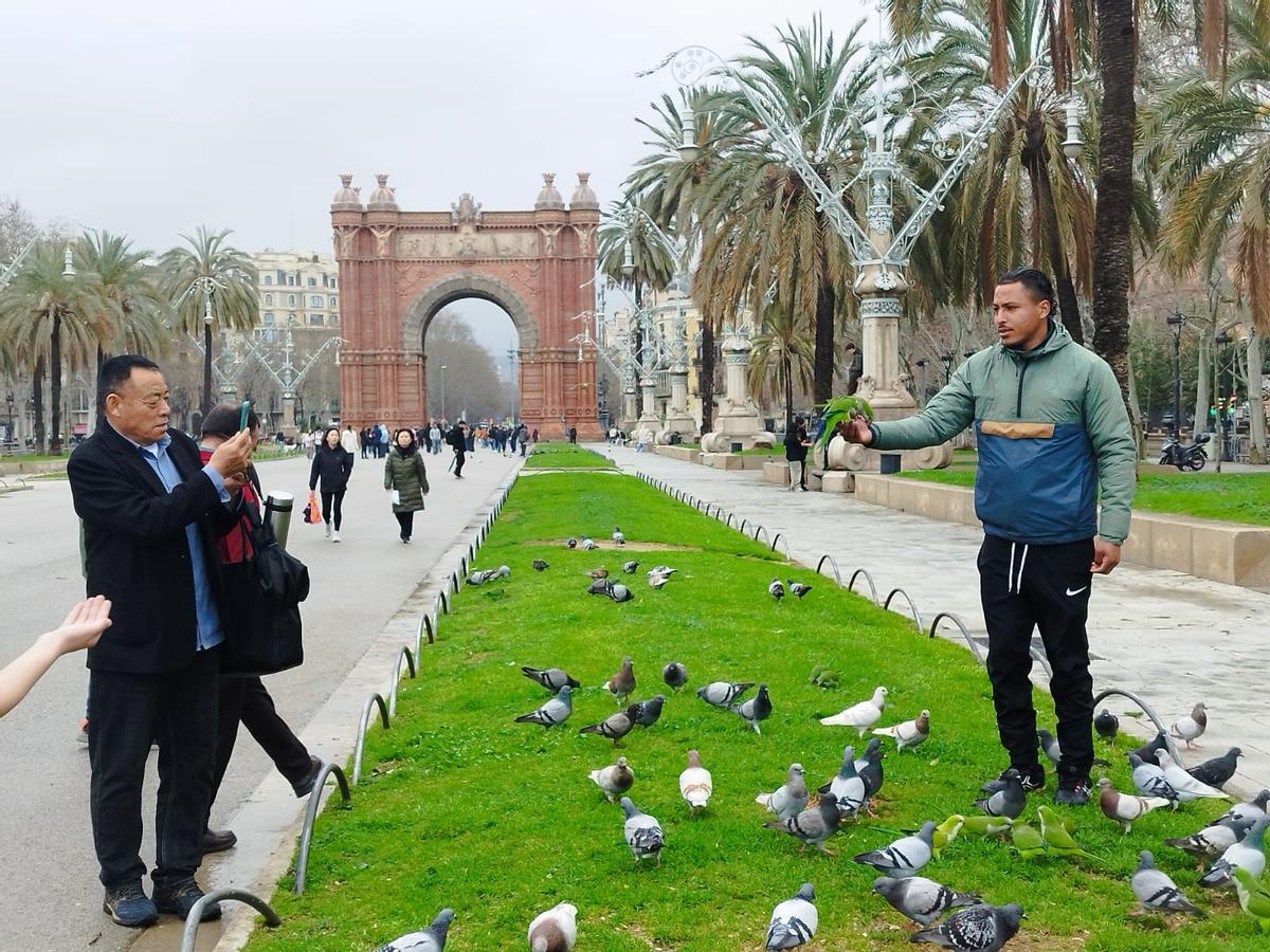 Aziz, enseñando una cotorra a un turista
