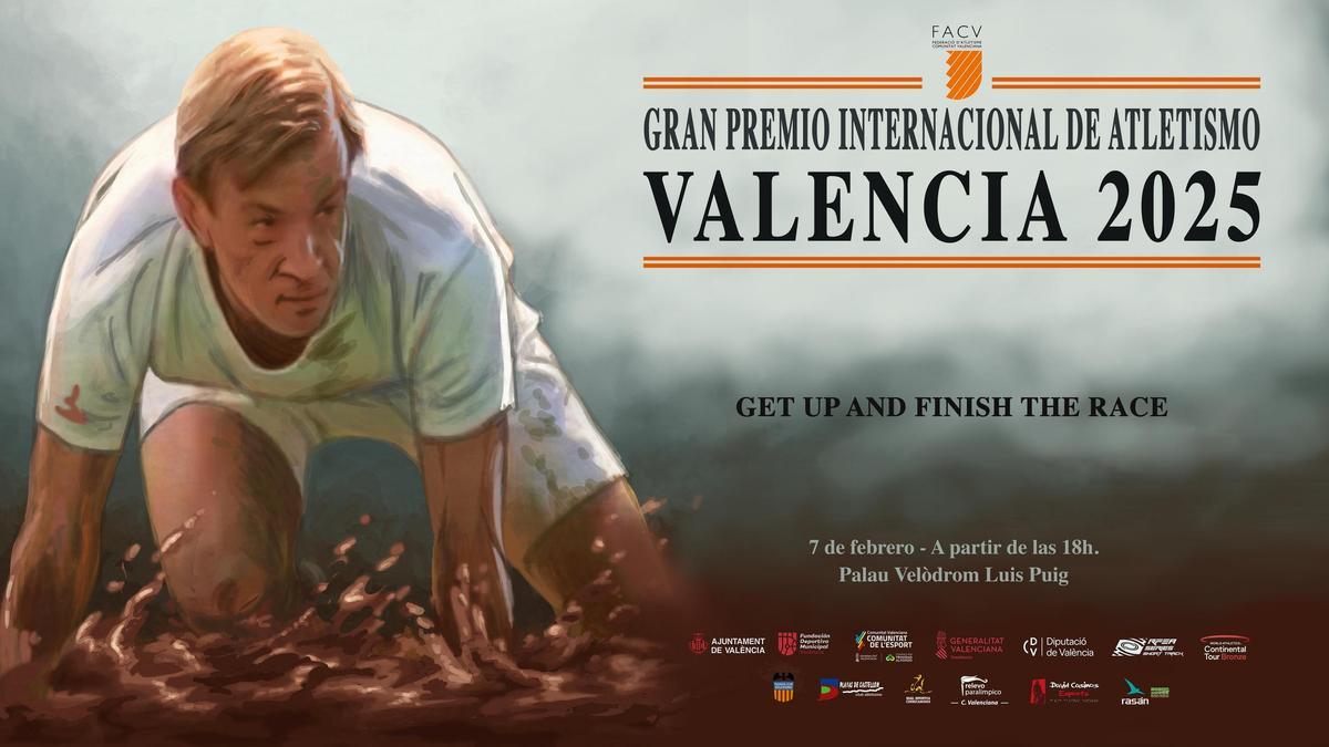 Cartel del Gran Premio de Atletismo Valencia 2025, que se celebrará en el Palau Velòdrom Luis Puig el 7 de febrero.