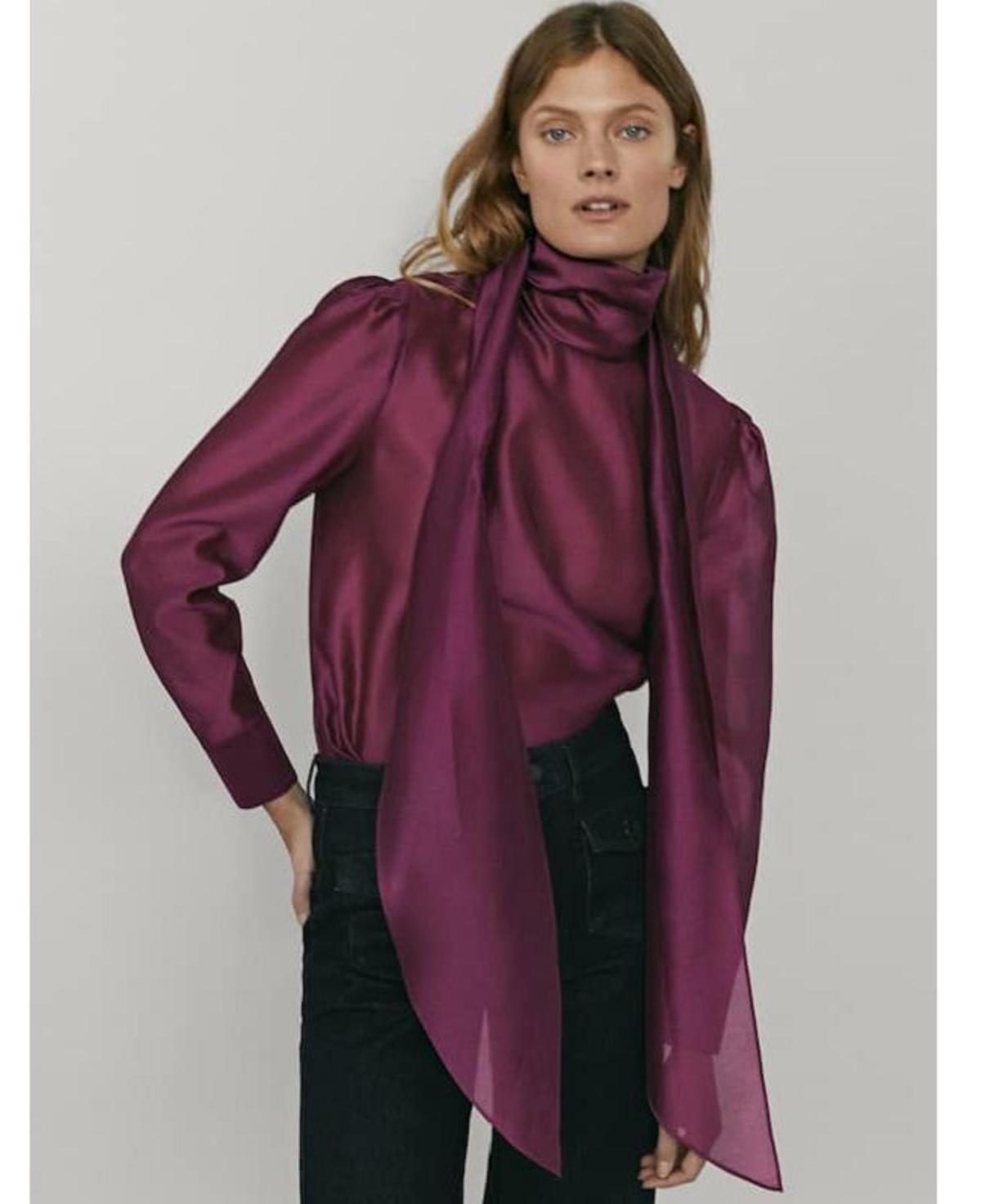 Camisa de seda con cuello con lazada de organza, de Massimo Dutti
