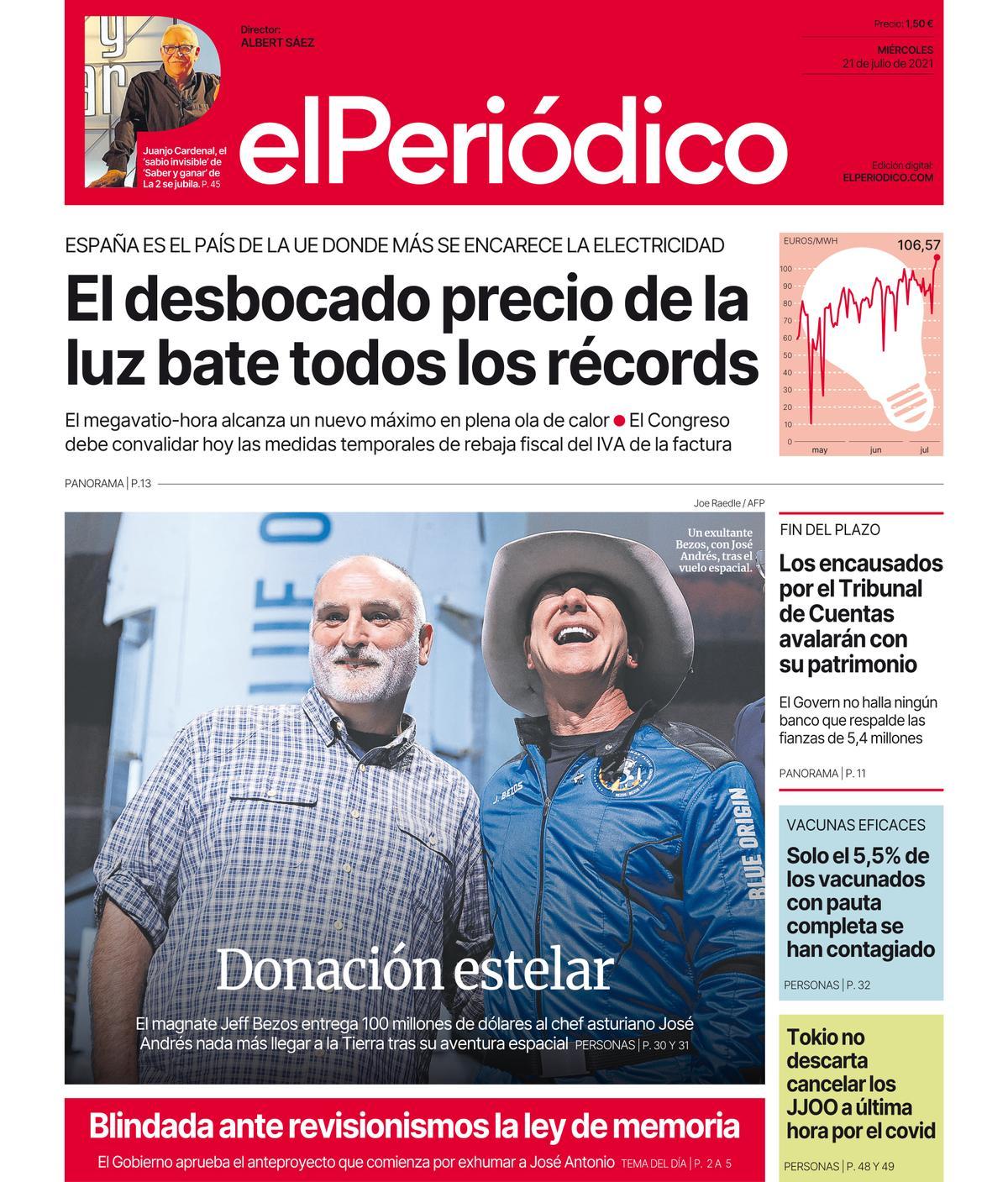 La portada d’EL PERIÓDICO del 21 de juliol del 2021