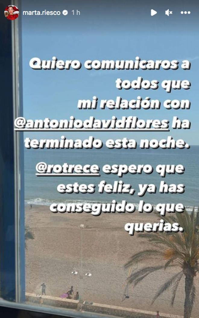 Stories de Marta Riesco anunciando su ruptura con Antonio David Flores