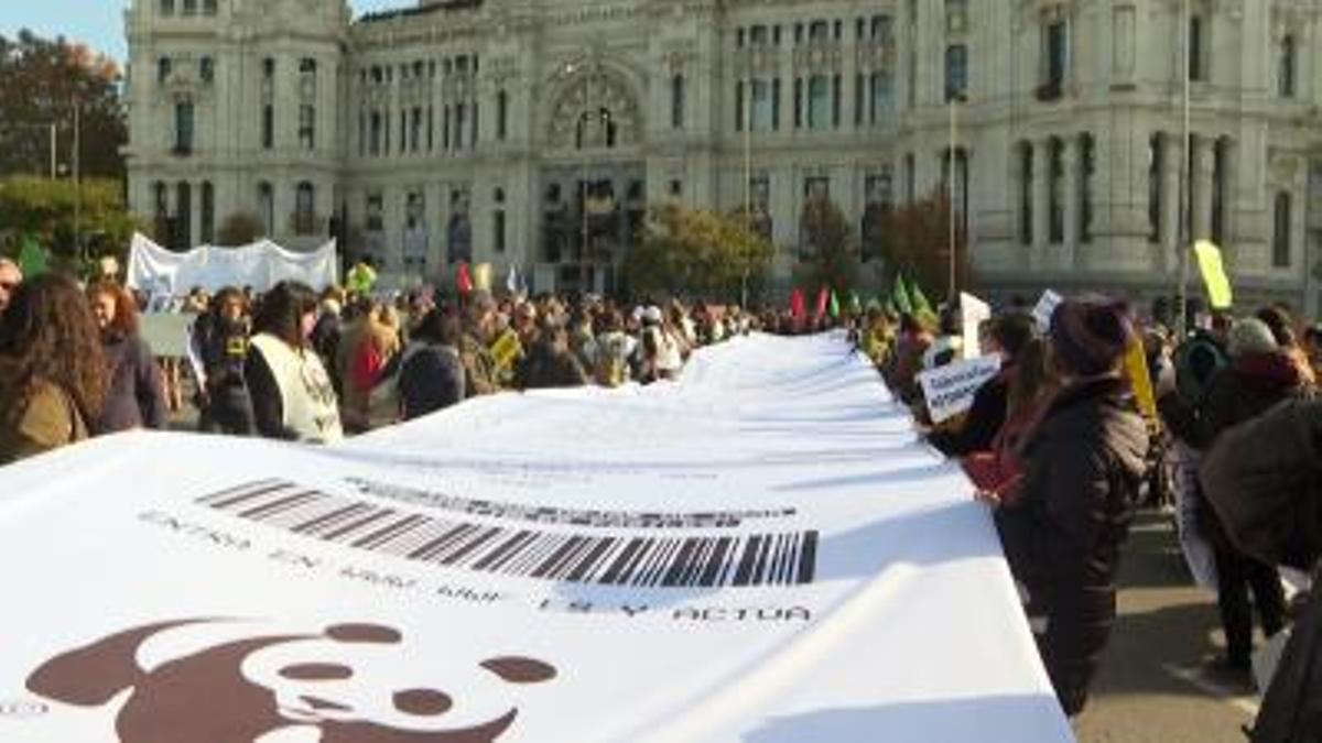Una manifestación por la emergencia climática despliega un 'ticket' gigante en Cibeles