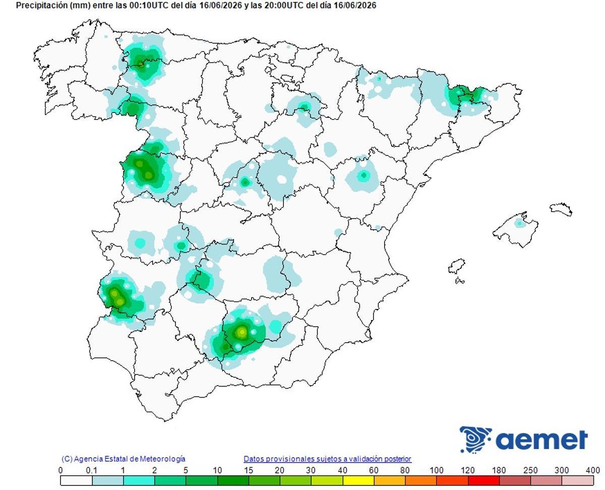 Precipitaciones en las últimas horas en España. Destaca en Andalucía el gran foco de lluvias en Jaén y en el sur de la provincia de Córdoba.