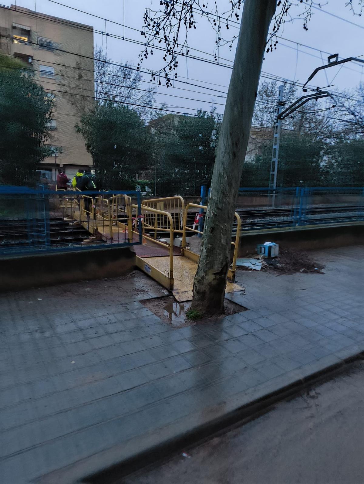 La pasarela donde estaba colocada antes delante de un árbol.