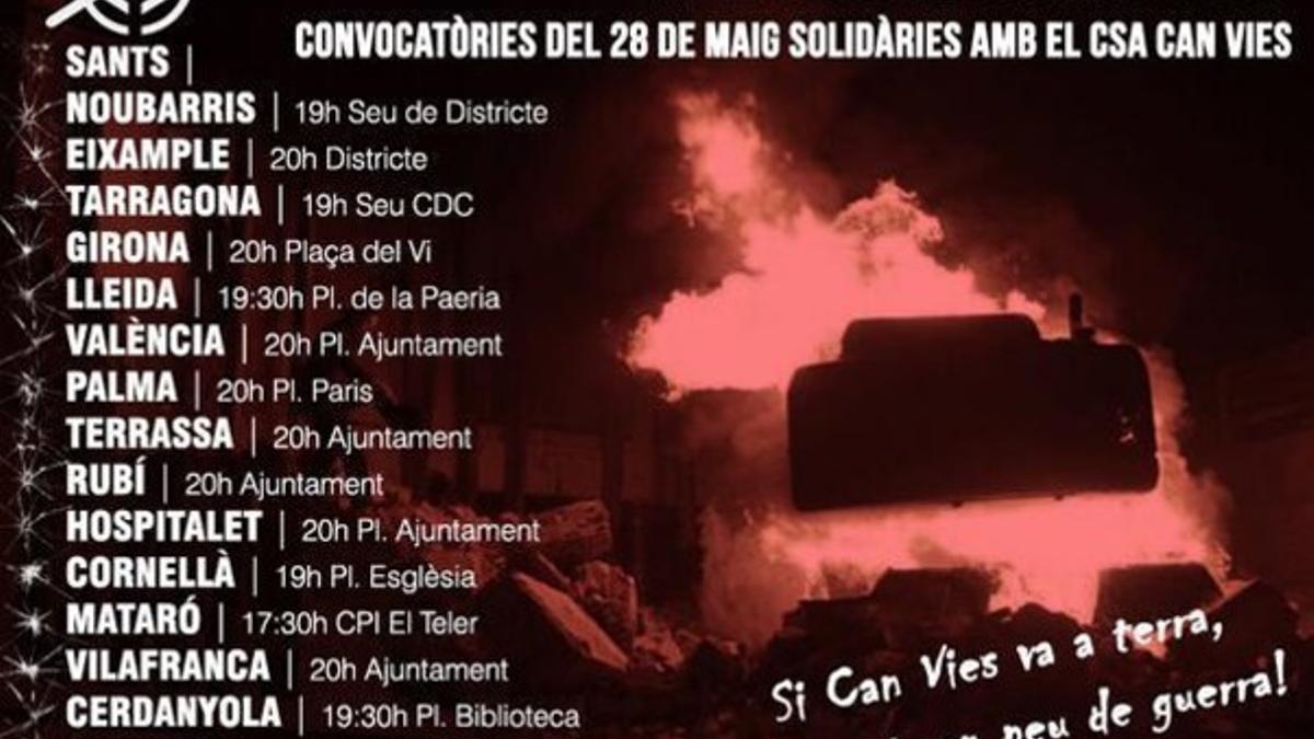 Cartel con algunas de las manifestaciones convocadas en solidaridad con Can Vies.