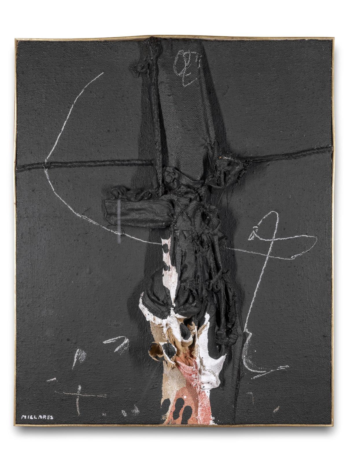 Homúnculo 7. El Grito. Técnica mixta sobre arpillera (1966), de Manolo Millares. Colección Valyunque