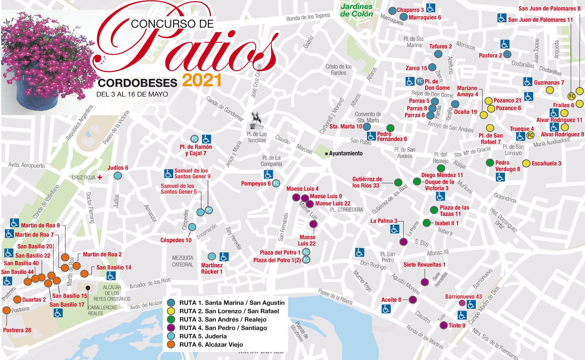 Mapa de las seis rutas y todos los participantes en el festival de los Patios de Córdoba