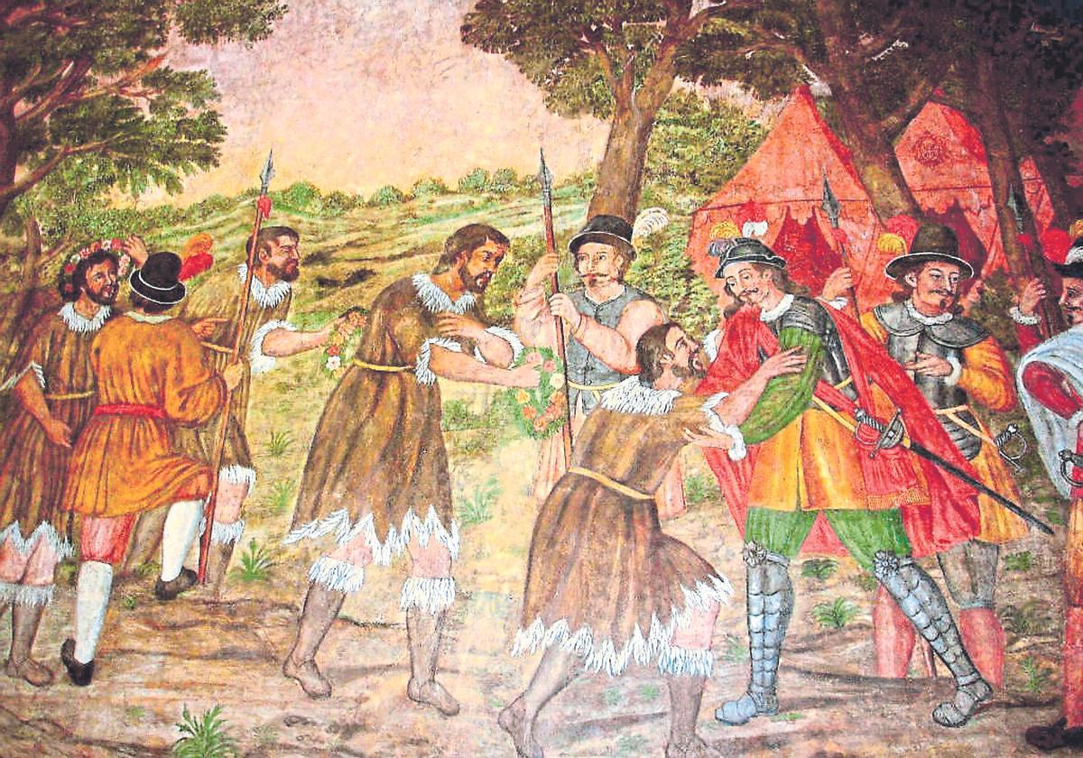 ‘Rendición de los menceyes ante Fernández de Lugo’, grabado de Carlos de Acosta.