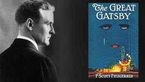 Francis Scott Fitzgerald, junto a la portada de la primera edición de El gran Gatsby, obra de Francis Cugat.