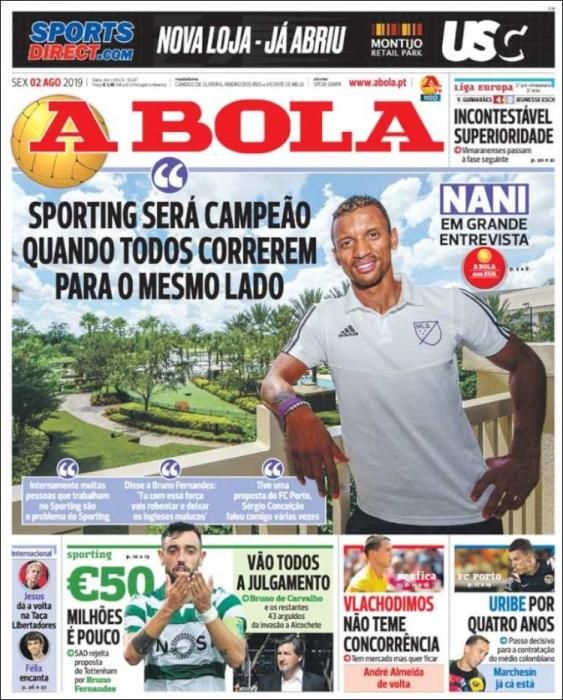 Portada A BOLA viernes 2 de agosto 2019