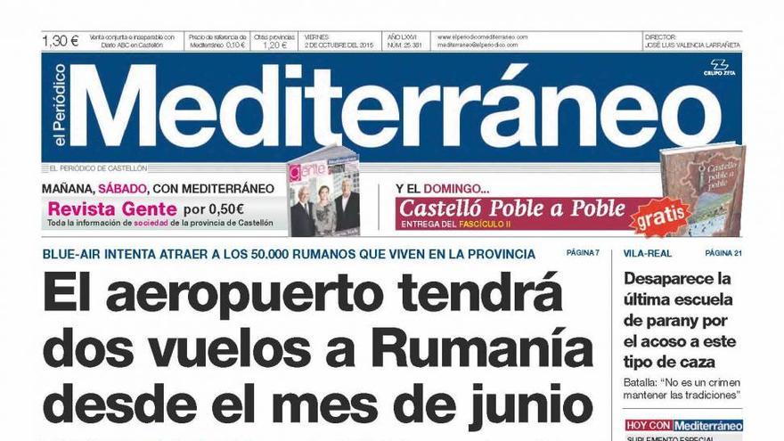 Vuelos Castellón-Rumanía desde el mes de junio, en la portada de Mediterráneo