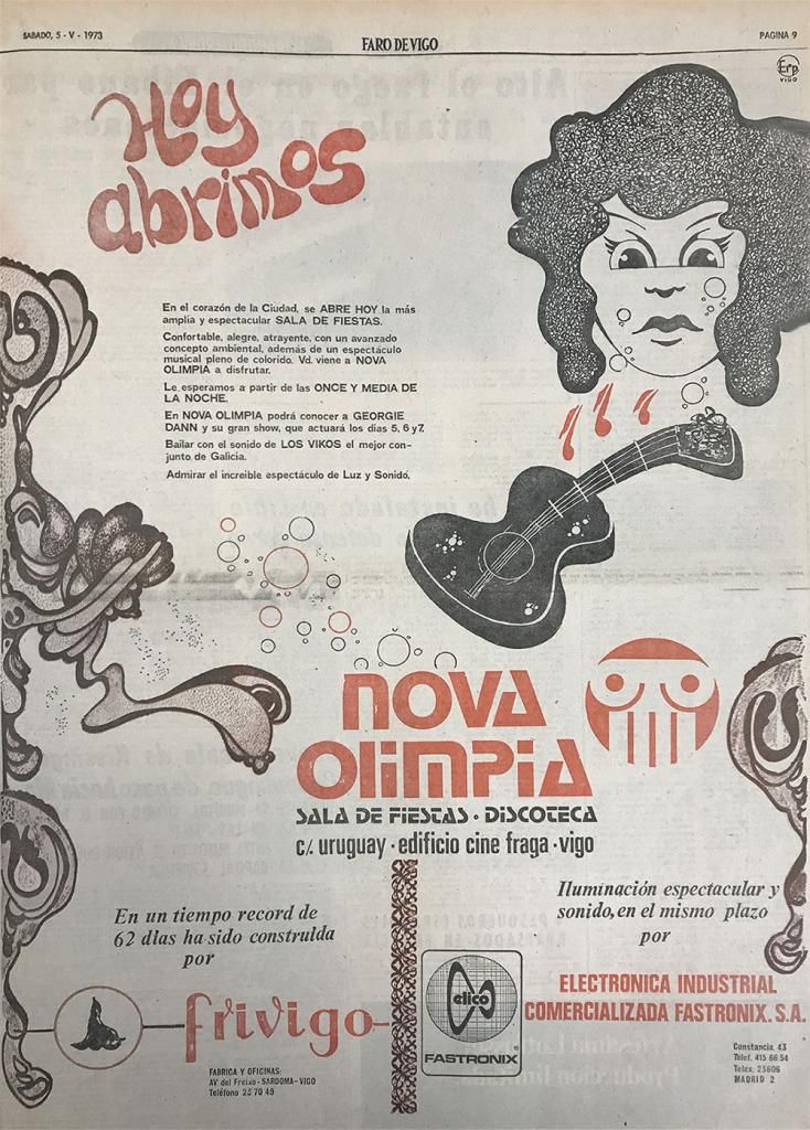 Anuncia de la inauguración de la sala de fiestas Nova Olimpia en Vigo, publicado en FARO en mayo de 1973.