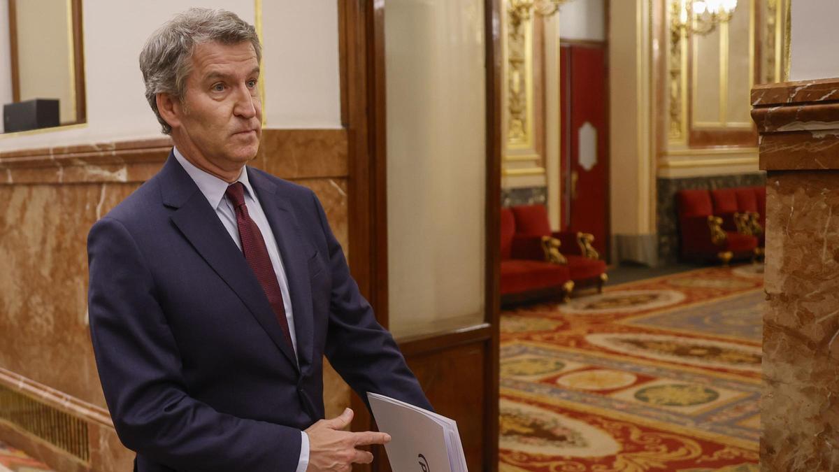 Alberto Núñez Feijóo, ayer en los pasillos del Congreso de los Diputados