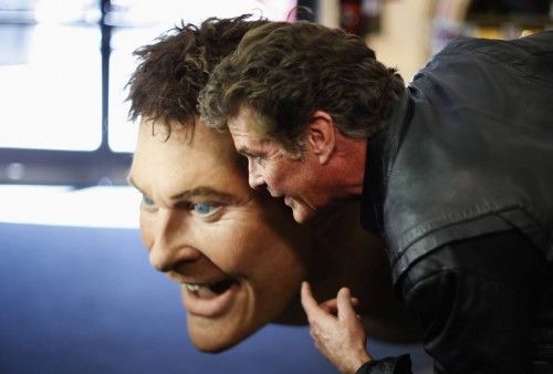 David Hasselhoff poses with a replica of himself built for the "The SpongeBob SquarePants Movie" in Beverly Hills