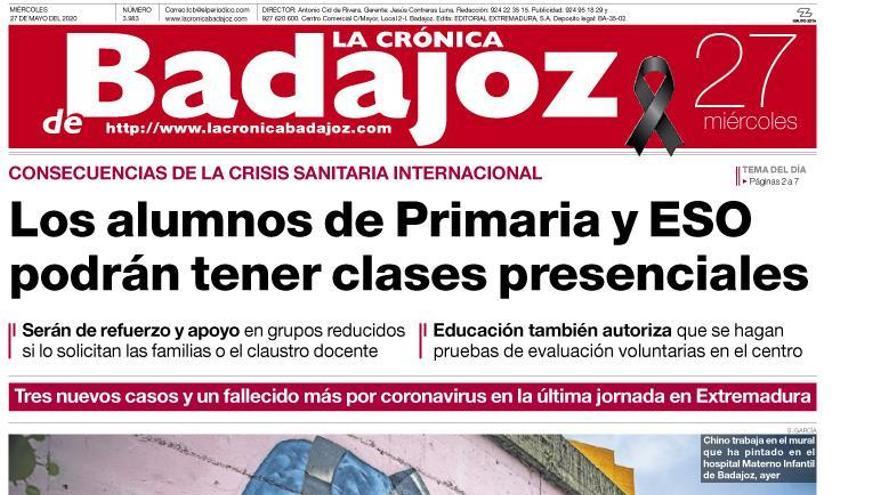 Esta es la portada de LA CRÓNICA DE BADAJOZ correspondiente al día 27 de mayo del 2020