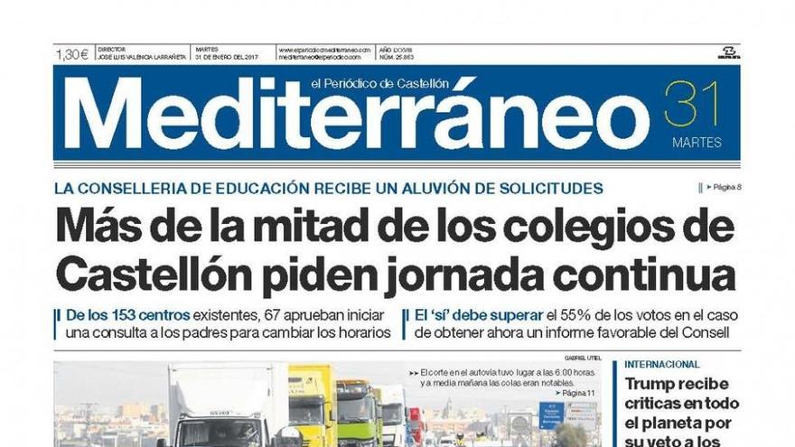Más de la mitad de los colegios de Castellón piden la jornada continua, en la portada de Mediterráneo