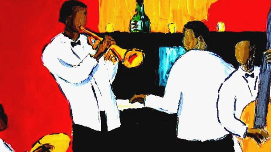 Un lienzo del Bijou Theatre que ilustra a una banda anónima de músicos jazzeros.