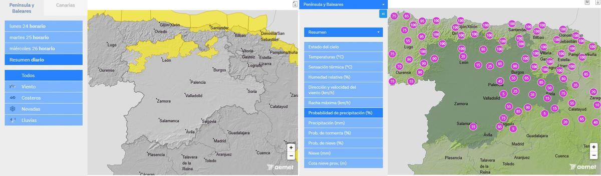 Avisos y probabilidad de precipitaciones para el 25 de noviembre