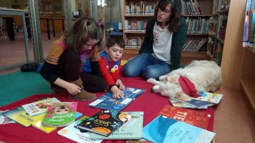 Los niños, en la biblioteca de Sada con la perra.
