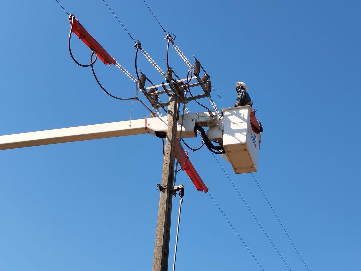 Treballs d'adaptació d'una de les línies elèctriques a Santpedor, el juliol del 2024