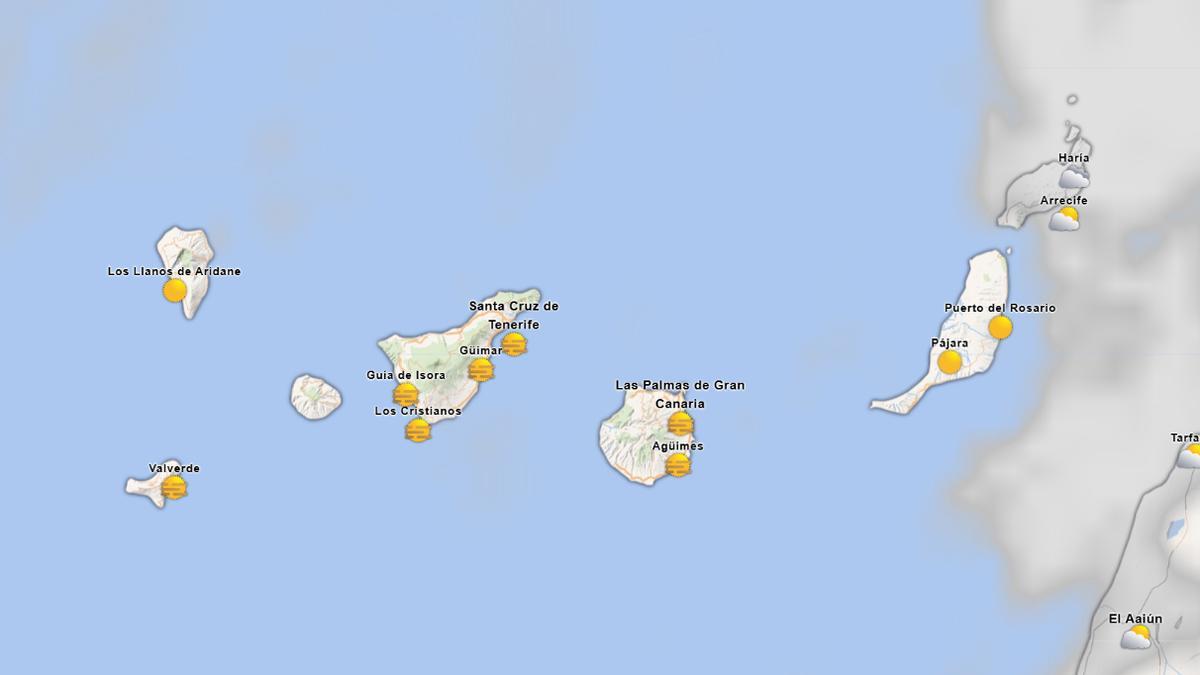 La previsión del tiempo en Canarias este domingo a las 9.00 horas.