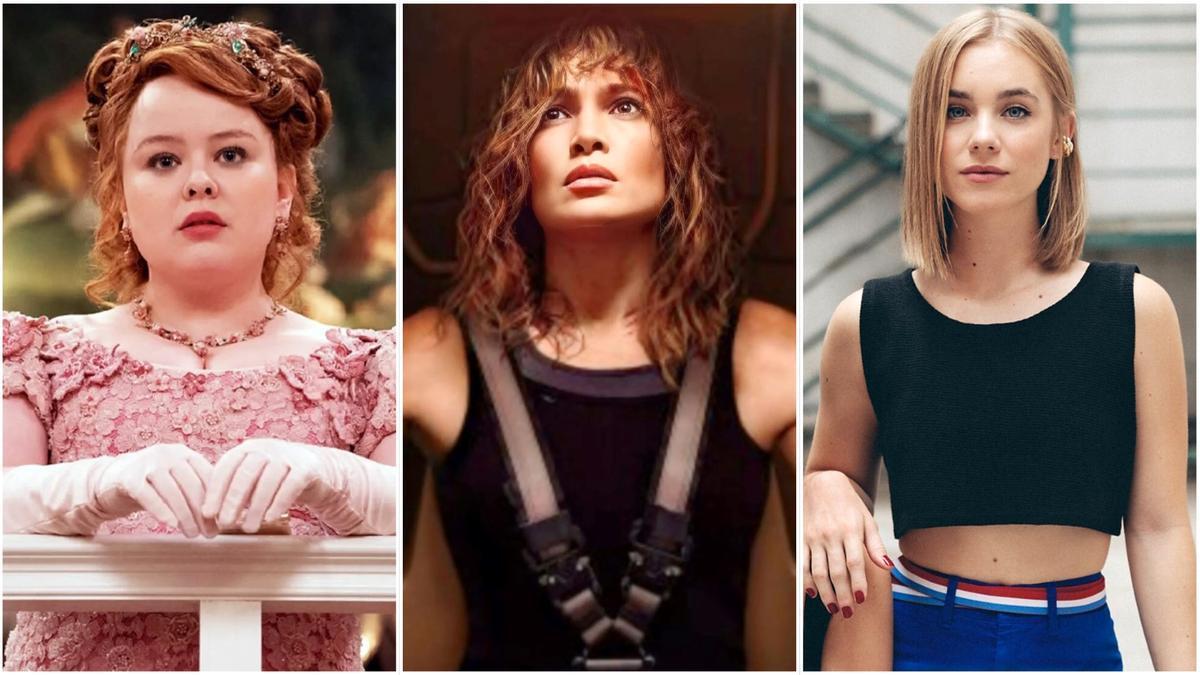 Nicola Coughlan en 'Los Bridgerton', Jennifer Lopez en la película 'Atlas' y Clara Galle en la serie 'Ni una más'.