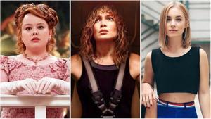 Nicola Coughlan en Los Bridgerton, Jennifer Lopez en la película Atlas y Clara Galle en la serie Ni una más.