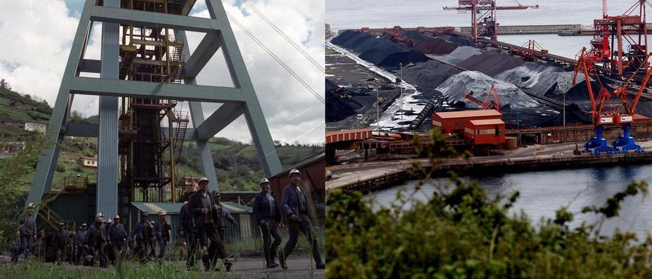 A la izquierda, mineros a la salida de un relevo en el pozo Santiago, en Caborana (Aller), en 2008.  A la derecha, carbón acumulado en la explanada del puerto de El Musel, Gijón