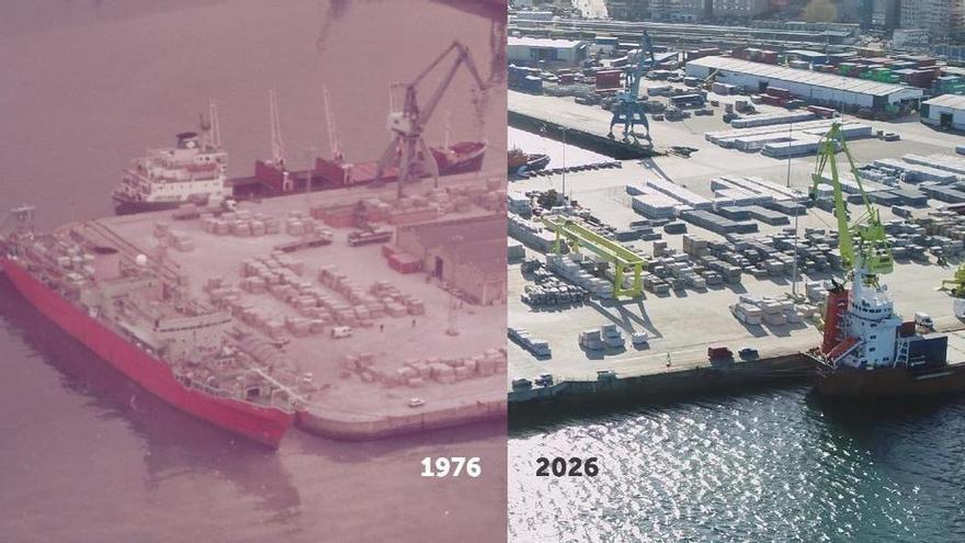 Infografía que refleja la evolución de Kaleido en el Puerto de Vigo entre 1976 y 2026.