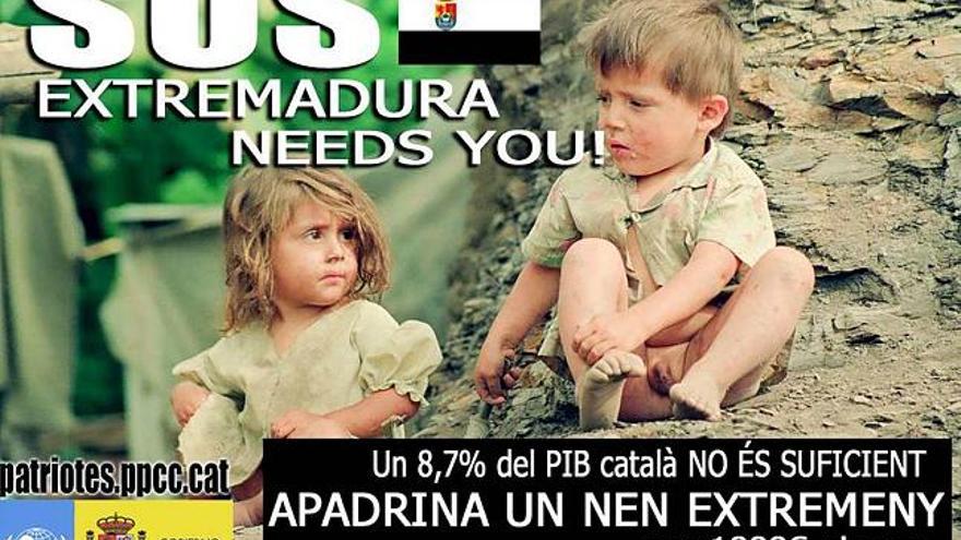 Cartel elaborado por el político catalán en el que insta a apadrinar a niños extremeños por 1.000 euros al mes