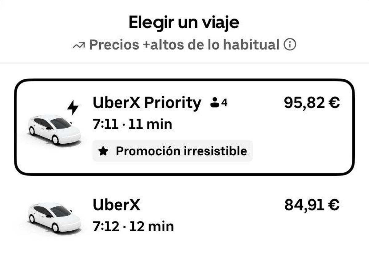 Tarifa de un Uber a las 7.12 desde el Espacio Zity hasta La Puebla de Alfindén.