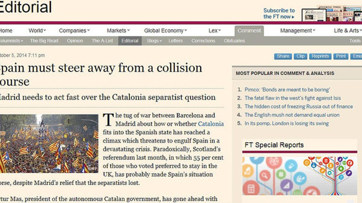 Editorial del 'Financial Times' que reclama a Rajoy que actúe rápido en la crisis con Catalunya.