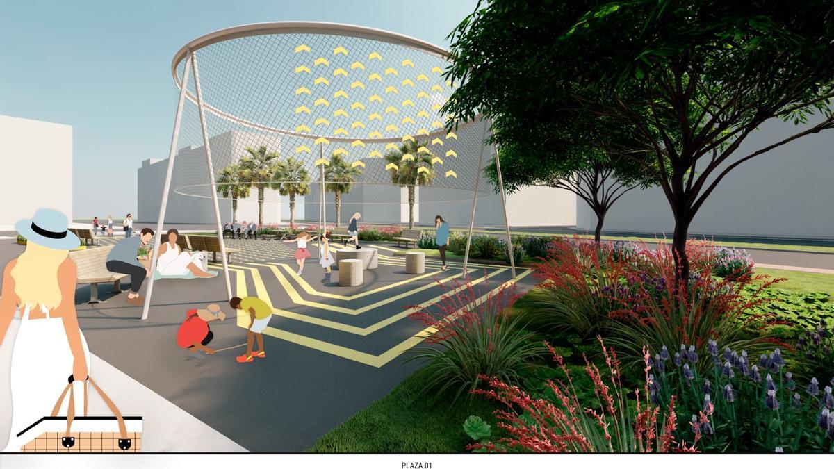 La segunda plaza y área peatonal tendrá una zona de juegos infantiles y jardines.