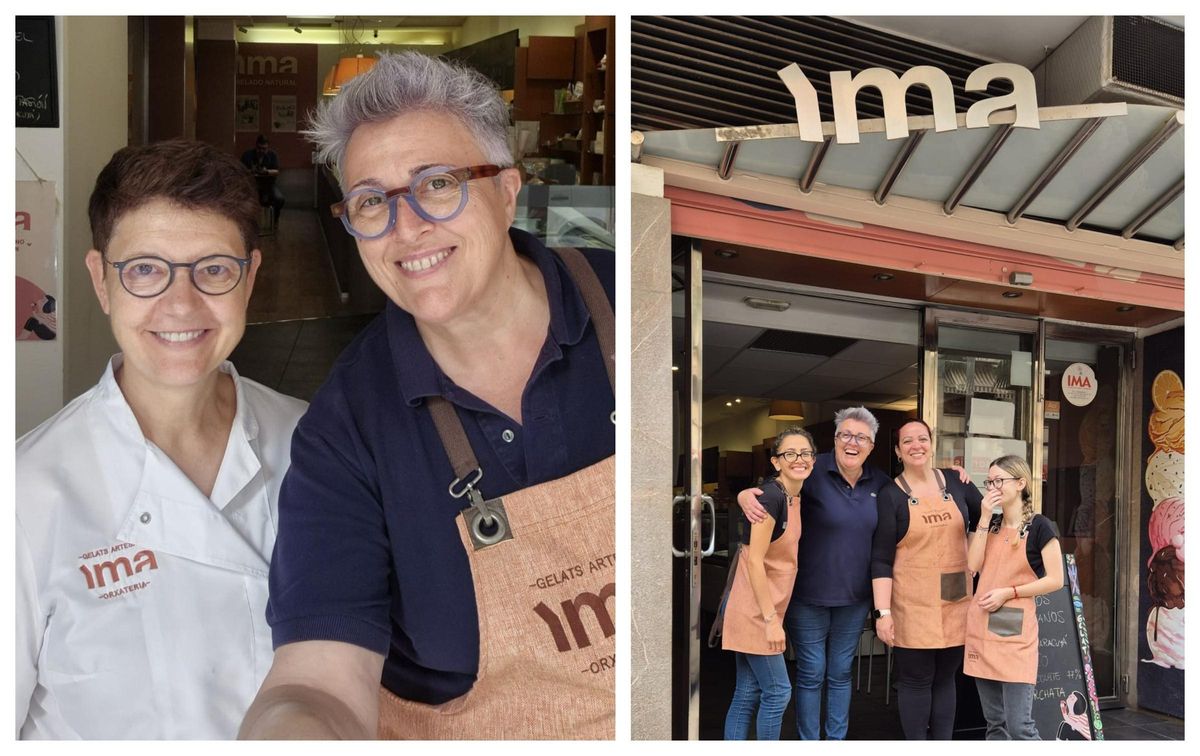 Inma Pérez (i), junto a su pareja, con la que regenta el negocio. A la derecha, algunos de los empleados en la fachada del local.