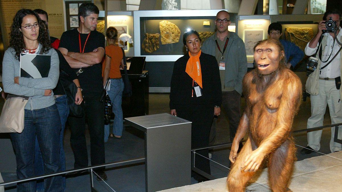 Unos ciudadanos observan una estatua de Lucy, expuesta en un museo