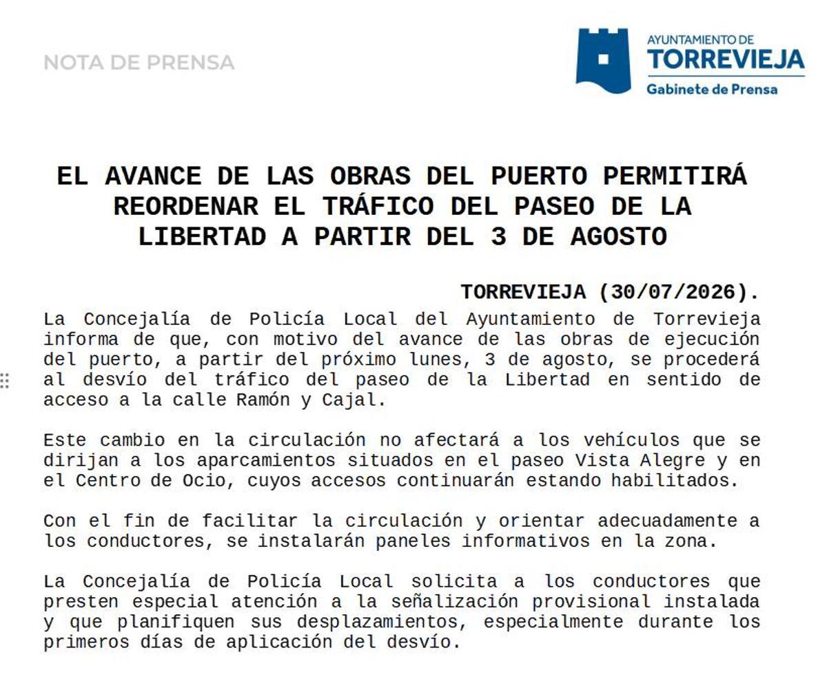 Comunicado municipal en el que se anunciaba el avance en las obras del puerto: el cierre del principal vial del paseo de La Libertad