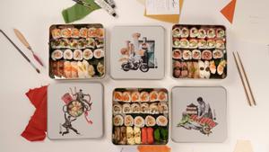 Las tres bandejas de sushi ilustradas por Pils Ferrer para celebrar los 15 años de Grupo Nomo.