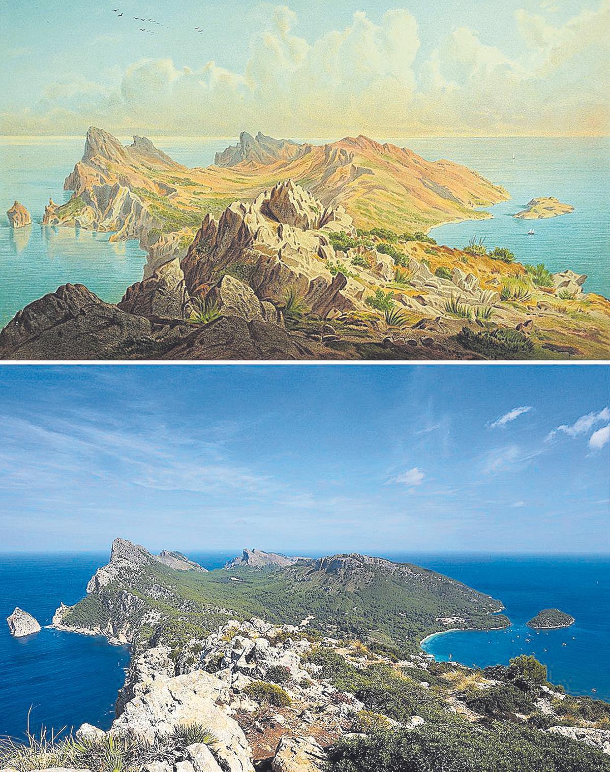 Grabado de una panorámica de Formentor, desde la atalaya de Artrutx.