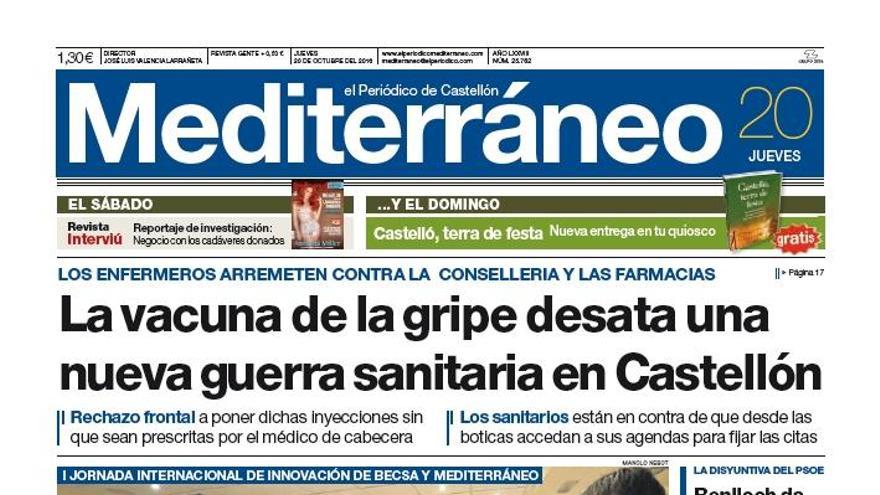 La vacuna de la gripe desata una nueva guerra sanitaria en Castellón, en la portada de Mediterráneo