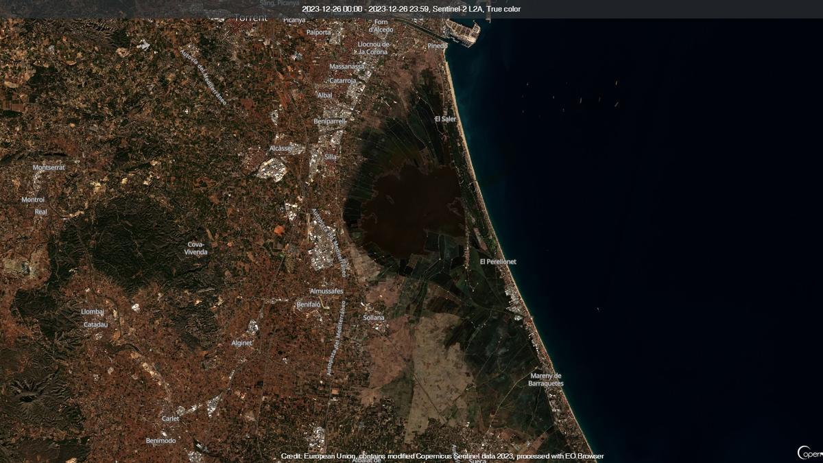 Imagen de l'Albufera obtenida por el satélite Copernicus Sentinel-2 el pasado 26 de diciembre.