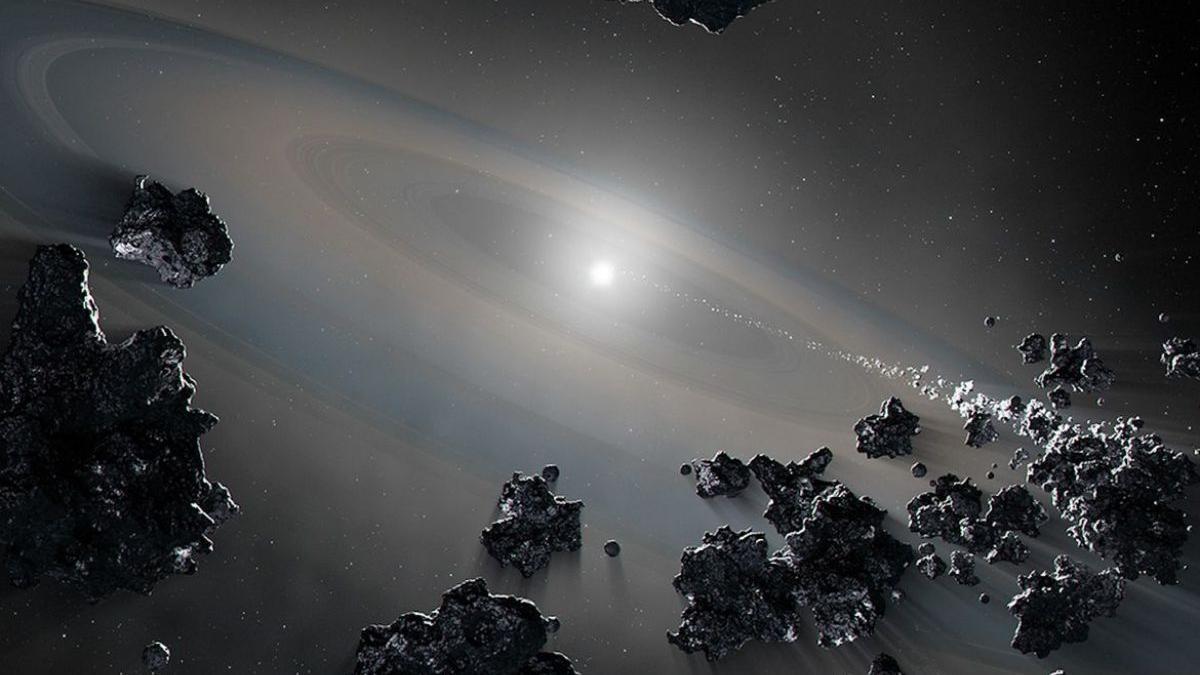 Recreación artística que muestra a una estrella enana blanca extrayendo desechos de objetos destrozados en su sistema planetario.