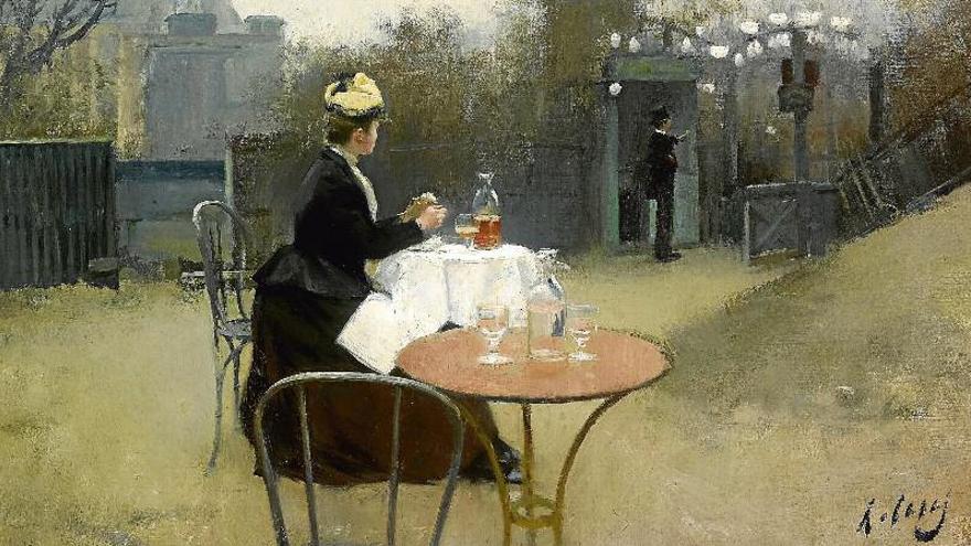 El quadre Plein air (1890), de Ramon Casas, que mostra una dona bevent absenta