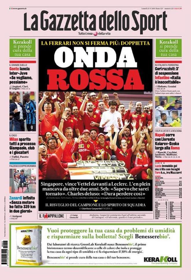 Portada de La Gazzetta dello Sport del 23 de septiembre de 2019