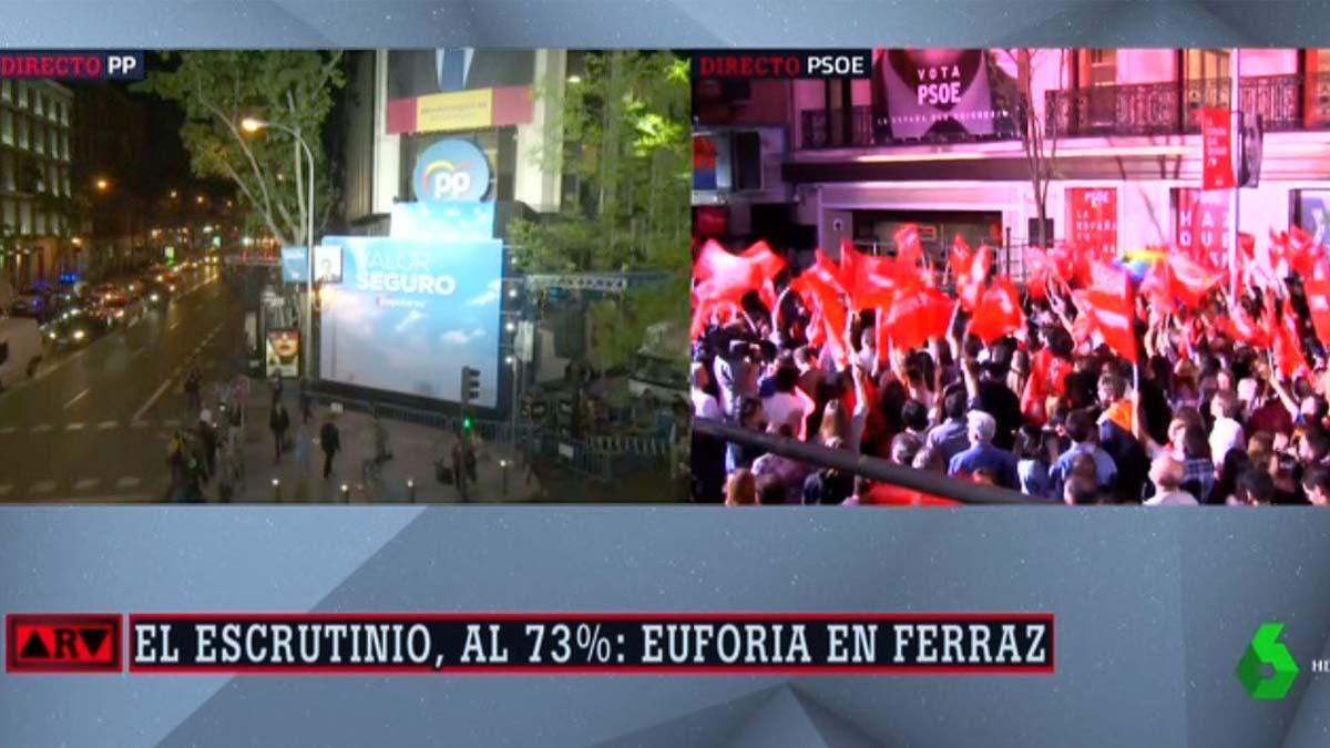 Contraste entre las sedes de PP y PSOE. Tú y yo somos tres. Por Ferran Monegal