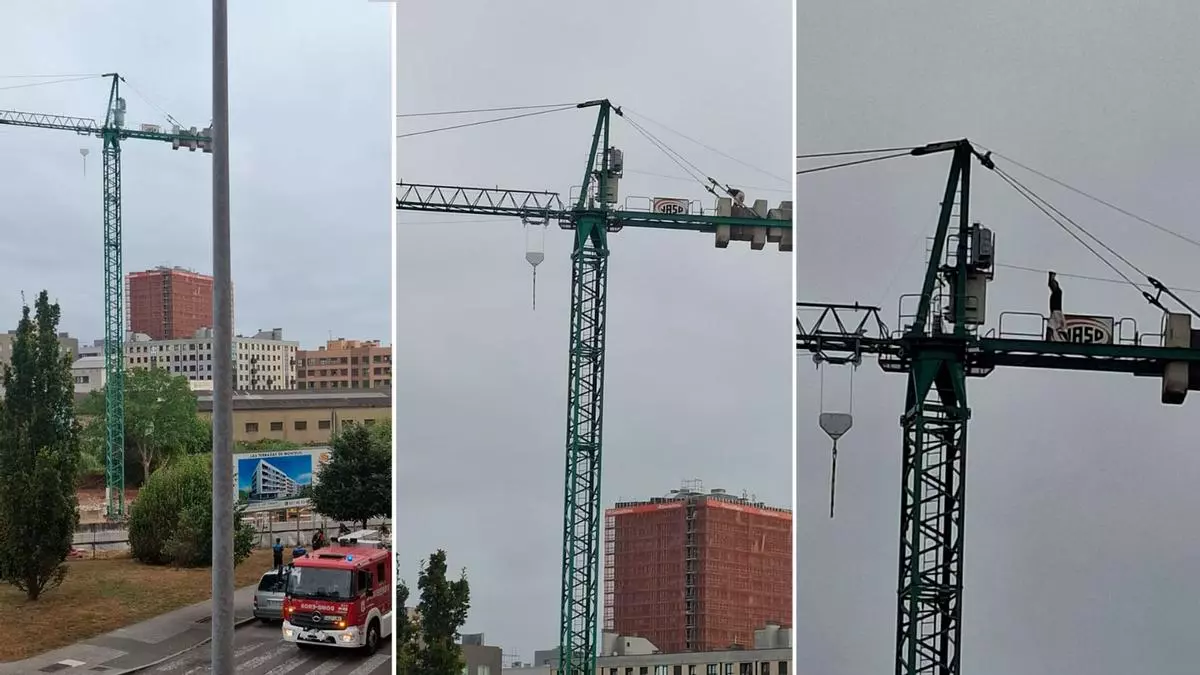 Tensa intervención policial en Gijón: media hora de conversación para que un joven se bajase de una grúa