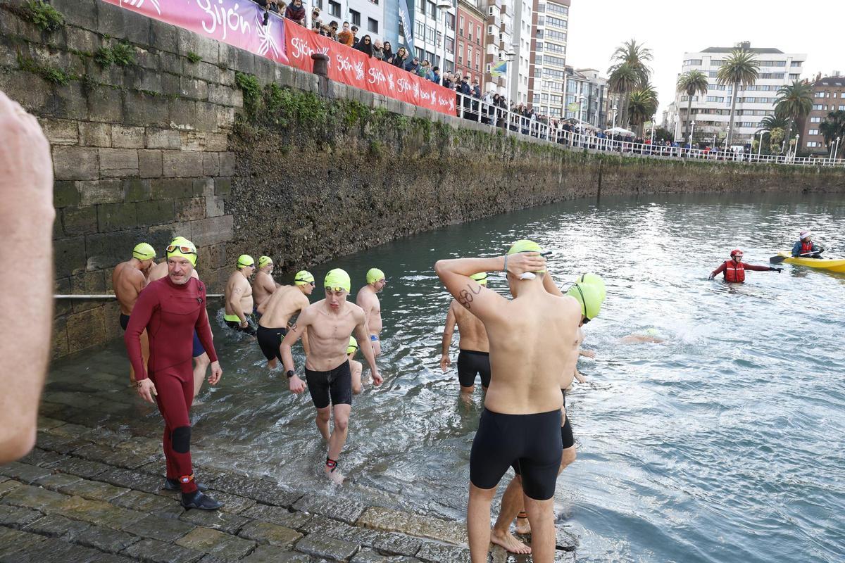 La travesía a nado de Navidad en Gijón congrega un año más a decenas de participantes (en imágenes)