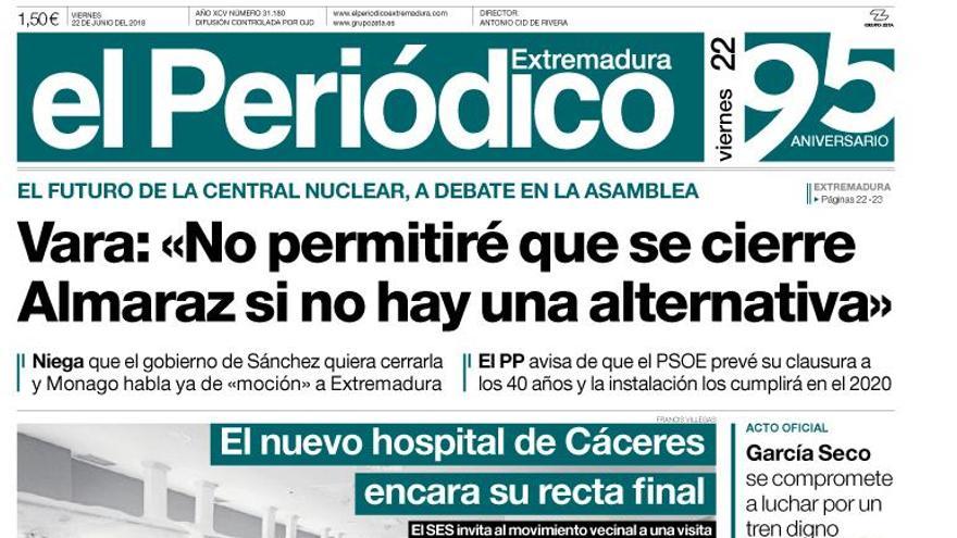 Esta es la portada de EL PERIÓDICO EXTREMADURA correspondiente al día 22 de junio del 2018