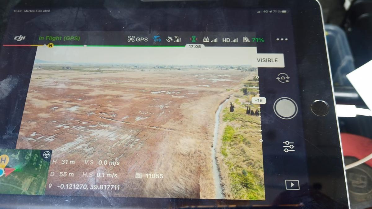 Imagen de la superficie contemplada por el dron sobre la marjal de Nules, este martes.