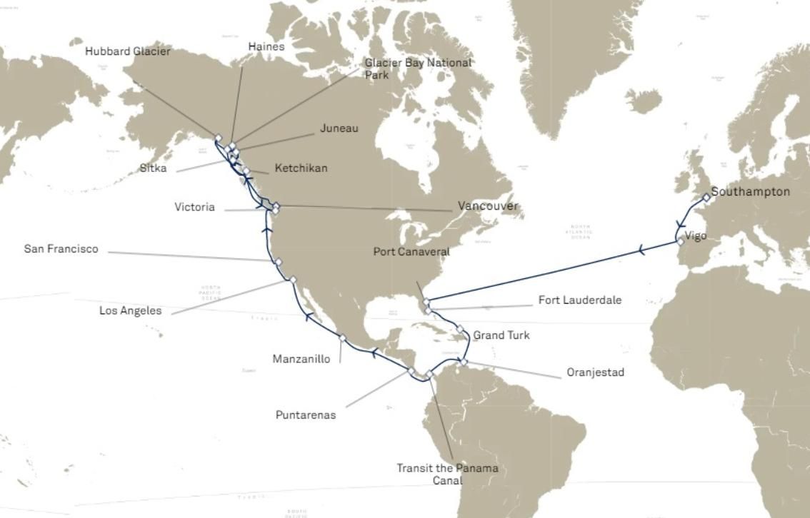 Travesía completa hasta Alaska que realizará el &quot;Queen Elizabeth&quot; en mayo de 2022 tras salir de Vigo.